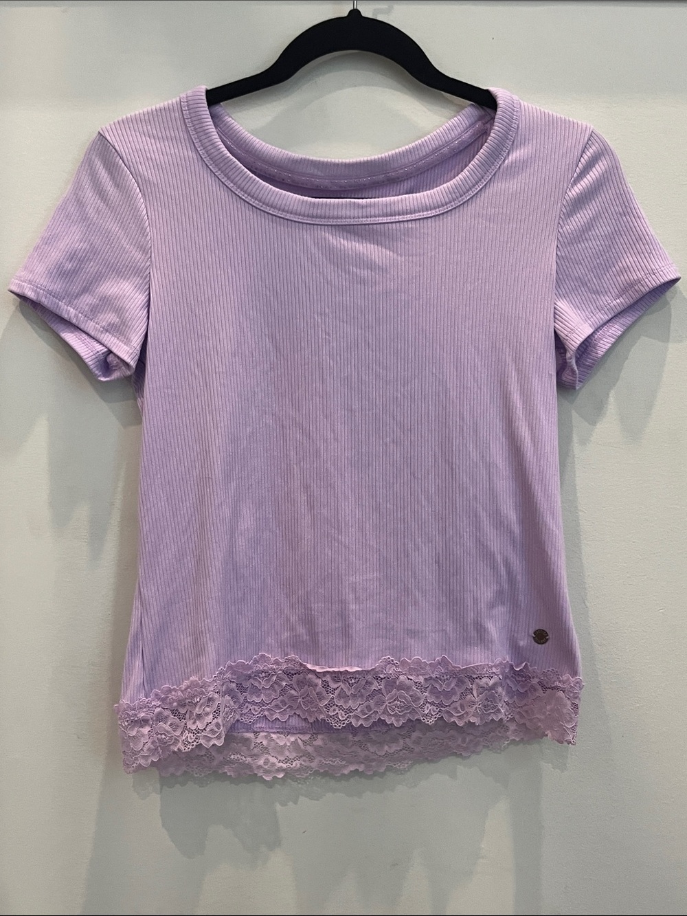 Justice Lilac Short Sleeve Ribbed Top with Lace Hem